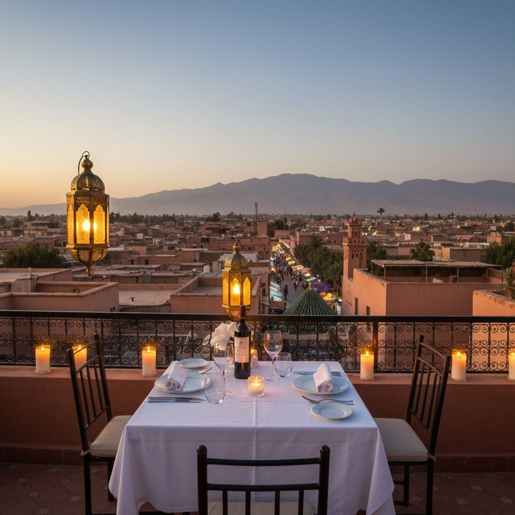 La table dressée sur la terrasse du riad, entre plantes et lanternes, sous le ciel de Marrakech